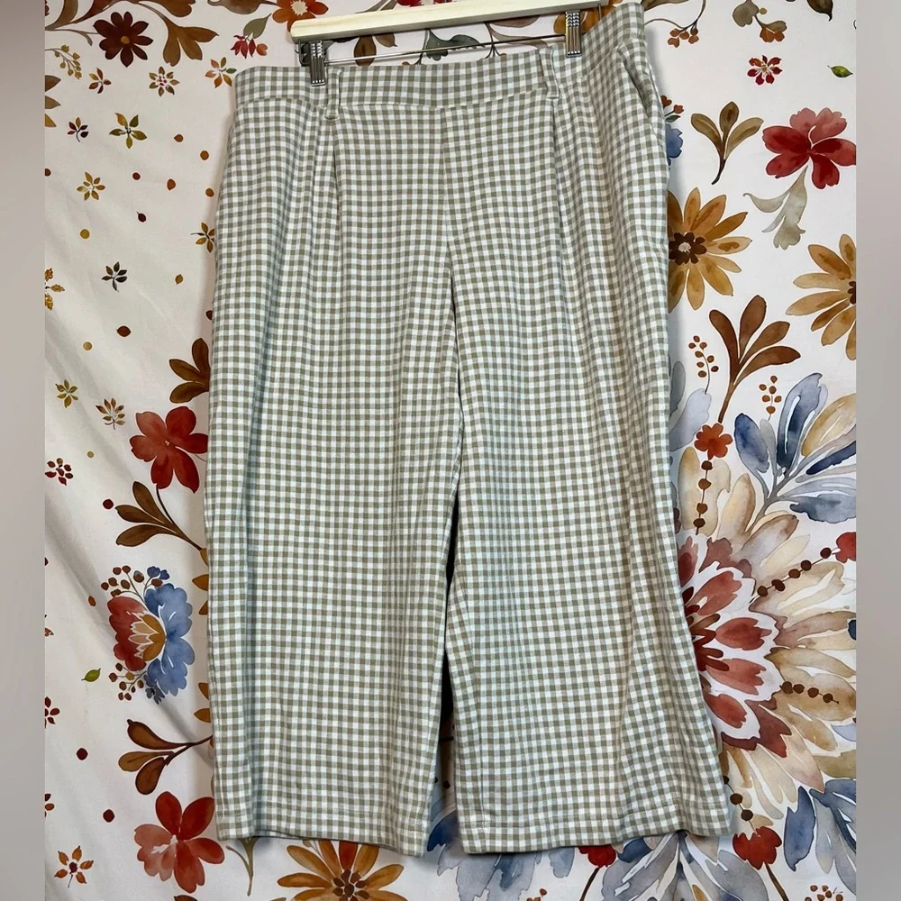 Lands End XL Tan White Gingham Plaid Wide Leg Crop Pull On Casual Coastal Pants
